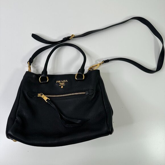 Prada Women's Black Leather Bottom Studs Adjustable Shoulder Handbag Size Small - Picture 1 of 12